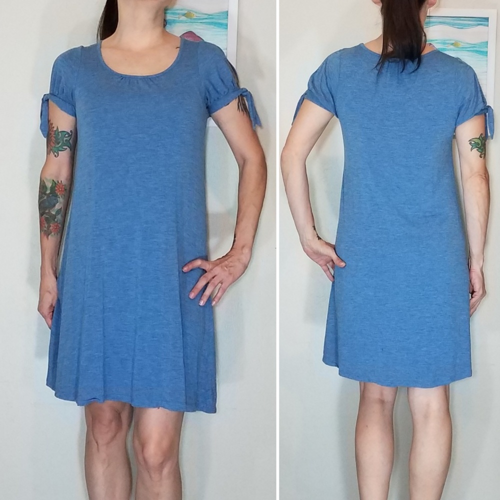 Fleur Bleue blue tshirt dress with ties at sleeves